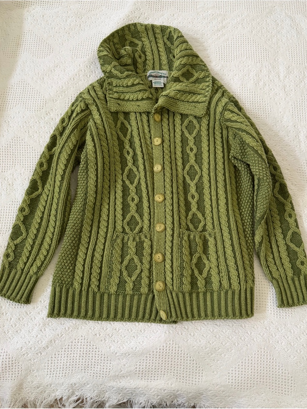 Aran Crafts Olive Green Cable-Knit Button Cardigan